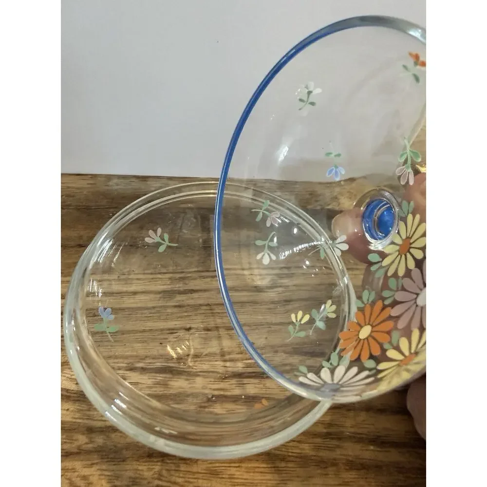 Vintage Hand painted Daisy’s Jewelry Box Clear Glass Trinket Dish 5”
